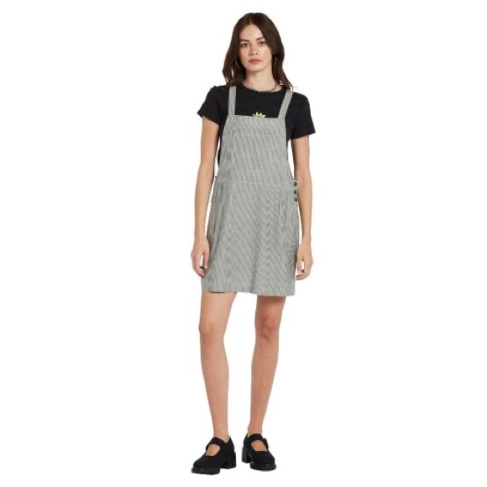 NWT Volcom Sunday Strut Dress - black and white overall railroadstripe pinafore